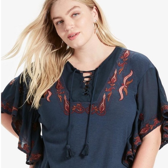 Lucky Brand Lace Up Embroidered Peasant Top Blue Size M, EUC. - Picture 4 of 11